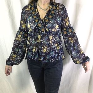 Anthropologie Meadow Rue Sheer Floral Blouse With Embroidery And Ruffles